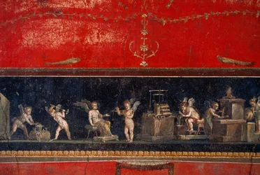 Fresko fundet i Pompeji viser guldsmede-kirsebær i arbejde. Pompeji, Italien.