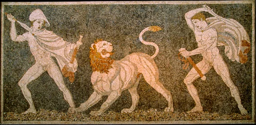 Mosaik forestillende Alexander den Store og Hephaestion, der dræber en løve. Pella Archaeol...