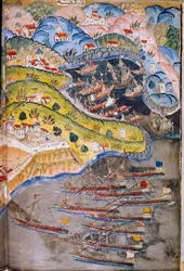 Pirater angriber Nice i Frankrig, som var i Romerrigets besiddelse i 1543. Topkapi-museet, Istanbul, Tyrkiet.