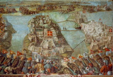 Denne fresko skildrer den tyrkiske belejring af Malta i 1565. Kunstværk.