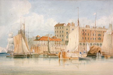 Udsigt over Billingsgate Wharf og marked med skibe og mennesker, City of London, 1824.
