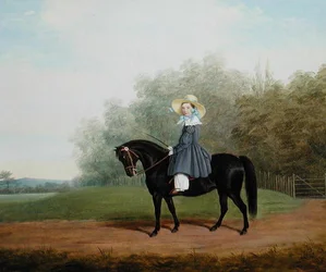 Portræt af en pige, der rider på en hest (olie på lærred)