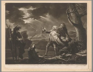 David Garrick som kong Lear med jarlen af ​​Kent og Edgar forklædt som Tom i et stormfuldt landskab