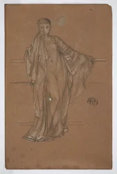 Draperet figur ved et rækværk