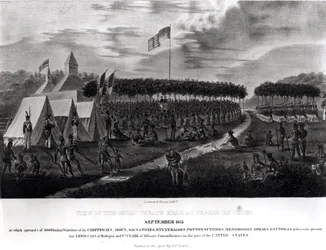 Udsigt til den store traktat, der blev afholdt i Prairie du Chien, Wisconsin, september 1825, fra "The Aboriginal Portfolio", 1825