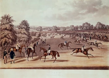 Hestevæddeløb ved Epsom før afgang Illustration af James Pollard (1792-1867) 1800-tallets privatsamling
