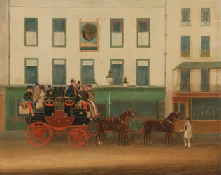 London-Manchester Stage Coach, "The Peveril of the Peak", uden for Peacock Inn, Islington