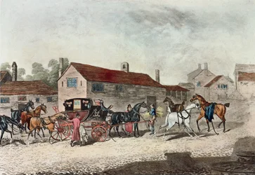 Postvognen skifter heste, graveret af R. Havell, 1815