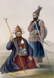 Hans Majestæt den afdøde shahs hovedbøddel og assistent, planche 14 fra "Scenery, Inhabitants and Costumes of Afghanistan", graveret af Robert Carrick (fl.1845) 1848