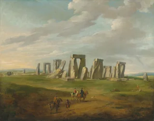 Stonehenge med en vogn og rejsende på hesteryg