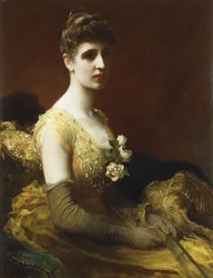 Portræt af Lady Dixon af Rheda, trekvart længde, siddende iført en gul kjole med blomster, der holder en vifte,