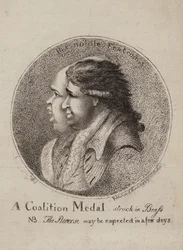 A Coalition Medal, Struck in Brass: satire over koalitionen af britiske politikere Lord North og Charles James Fox, 1783