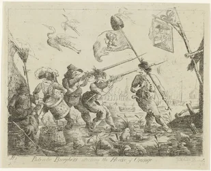 Spotprent op Goejanverwellesluis, 1787 Patriotiske borgere angriber House of Orange (titel på objekt)