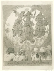 Spotprent op de Franse invasie, 1795 Fransk invasion på hollandsk bund. Ombres Chinoises / Terror the Order of the Day (titel på objekt)