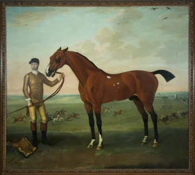 Flying Childers med en brudgom på Newmarket Heath, ca. 1722-25 (olie på lærred)