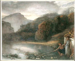 Landskab med et tempel og pastorale figurer (akvarel på papir)