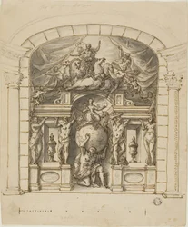 Design til scenesceneri (Hampton Court) med mytologiske figurer