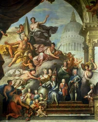Bagvægsmaleri af den øvre sal, der glorificerer George I (1660-1727) og huset i Hannover, 1718-24 (se også 208091, 7797 og 28499)