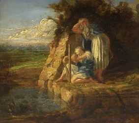 To barder ved en pool (olie på panel)