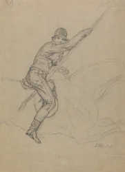Sir Charles Blunt (f.1775) Jagten på vildsvinet og flugten fra tigeren: et studie til et af fire malerier fra 1815 (blyant forhøjet med hvidt på gråt papir)