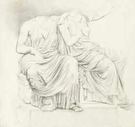 Studie af to hovedløse klassiske statuer (blyant på papir)