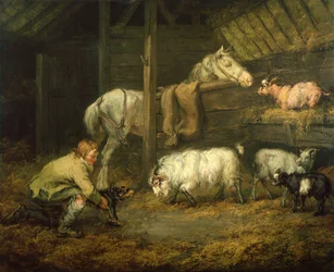 Ung dreng og hans hund i en stald med en hest og får (olie på lærred)