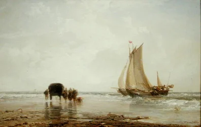 På stranden: To fiskerbåde og en gruppe kvinder (olie på panel)
