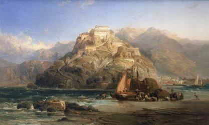 Udsigt over San Sebastian (Spanien), i midten Urgull-bjerget og bygningerne på slottet Santa Cruz de la Mota. Olie på lærred af James Webb (aktiv mellem 1853 og 1888).