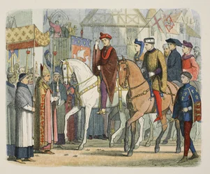 Charles VI af Frankrig og Henry V hilst velkommen af præsteskabet, 1. december 1420, fra A Chronicle of England BC 55 til AD 1485, pub. London, 1863