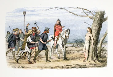 Edmund, konge af East Anglia, dræbt af danskerne, 20. november 869 e.Kr., fra En Englands krønike fra 55 f.Kr. til 1485 e.Kr., udgivet i London, 1863