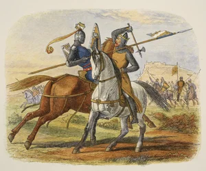 Sir Robert Bruce dræber Sir Henry Bohun, fra A Chronicle of England BC 55 til AD 1485, pub. London, 1863