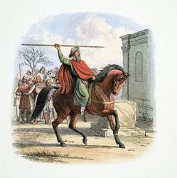 Ypperstepræsten, Coifi, vanhelliger Temple of the Idols, 627 e.Kr., fra A Chronicle of England BC 55 BC til AD 1485, pub. London, 1863