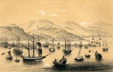 Amoy, en af de fem havne åbnet af den sene traktat til britisk handel, 1847.