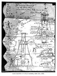 Første tegning af Steam Hammer, 24. november 1839, fra en revet ud side fra Nasmyths skitsebog, indgraveret af R. Paterson