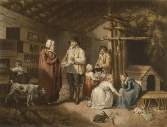 Selling Rabits, graveret af William Ward (1766-1826) 1796 (farvet mezzotint)