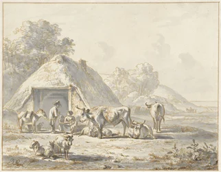 Kvæg og figurer foran en lade