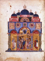 Illustration fra Homilies on the Virgin, byzantinsk manuskript, 1100-tallet