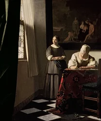 Dame, der skriver et brev med sin tjenestepige, ca. 1670