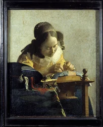 Kniplersken. Maleri af Jan (Johannes) Vermeer fra Delft (1632-1675), omkring 1658-1660. Mål: 0,24 x 0,21 m. Louvre-museet.