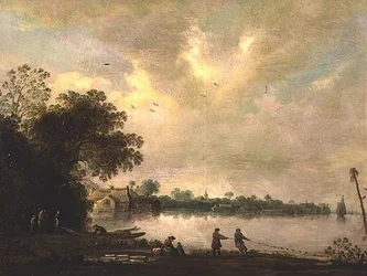 Et flodlandskab med fiskere, der tegner et net