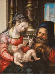 Den hellige familie - Maleri af Jan Gossaert dit Mabuse (ca. 1478-1532), olie på træ, ca. 1527-1530, 55,9x42 cm - Den hellige familie, olie på træ af Jan Gossaert - Museo de Bellas Artes de Bilbao