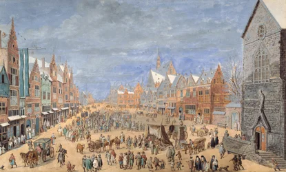 En landsbygade med en kro om foråret (gouache på papir)