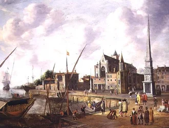 En middelhavshavnsscene med elegante figurer på kajen og søfart i det fjerne