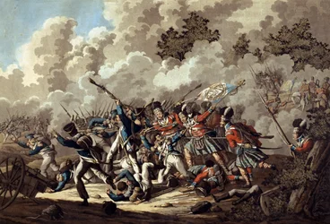 Nederlag af den franske garde af højlænderne, La Haye Sainte, under slaget ved Waterloo, 1815 (farvet akvatint)