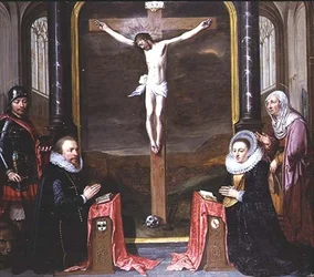 En korsfæstelse med portrætter af donorerne Adriaen Meusyenbroeck og hans hustru, Anna Elant, overværet af St. Adrian og St. Elizabeth