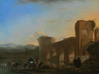 Tiberfloden med Ponte Molle ved solnedgang, ca. 1650.