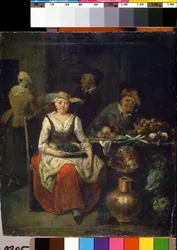 Hos frugt- og grønthandleren (Hos en Grønthandler). Maleri af Jan Baptist Lambrechts (1680-1731). flamsk kunst. Olie på træ. Statens M. Ciurlionis kunstmuseum, Kaunas
