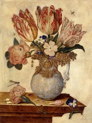 Tulipaner, Forglemmigej, Pæoner og andre Blomster i en Vase på en Afsats,