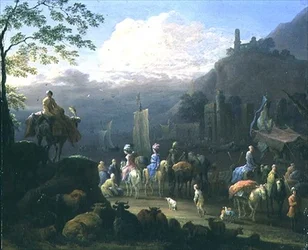 En gruppe rejsende nær en havn (olie på kobber)