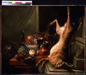 Stilleben med en hare. Krabbestilleben med hasselnød og citron med skrællet skind (skal). Maleri af Jan Baptiste van Moerkerke (1660-1689). Olie på lærred, flamsk kunst. Pushkin Museum of Fine Arts, Moskva